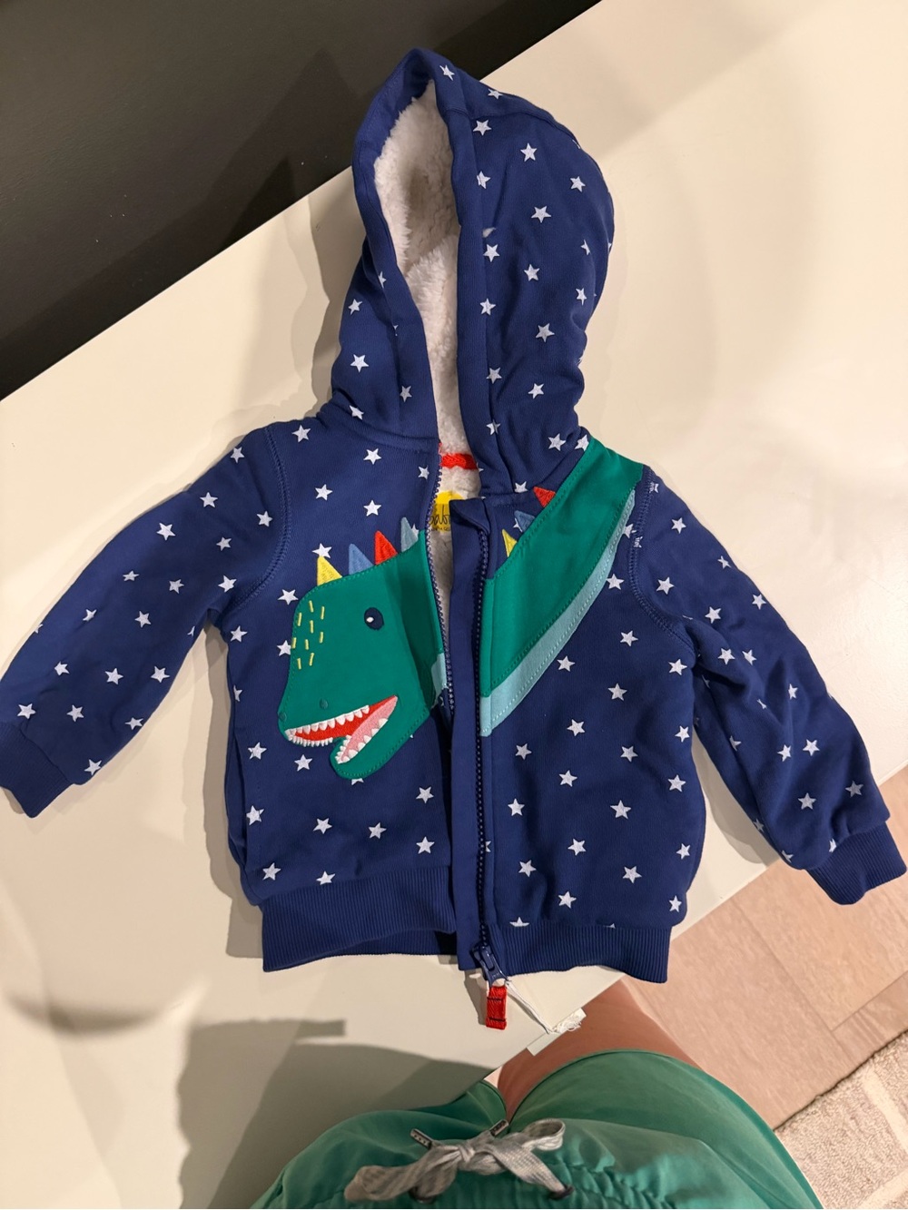 Baby Boden Navy Star Hoodie with Green Dino Applique